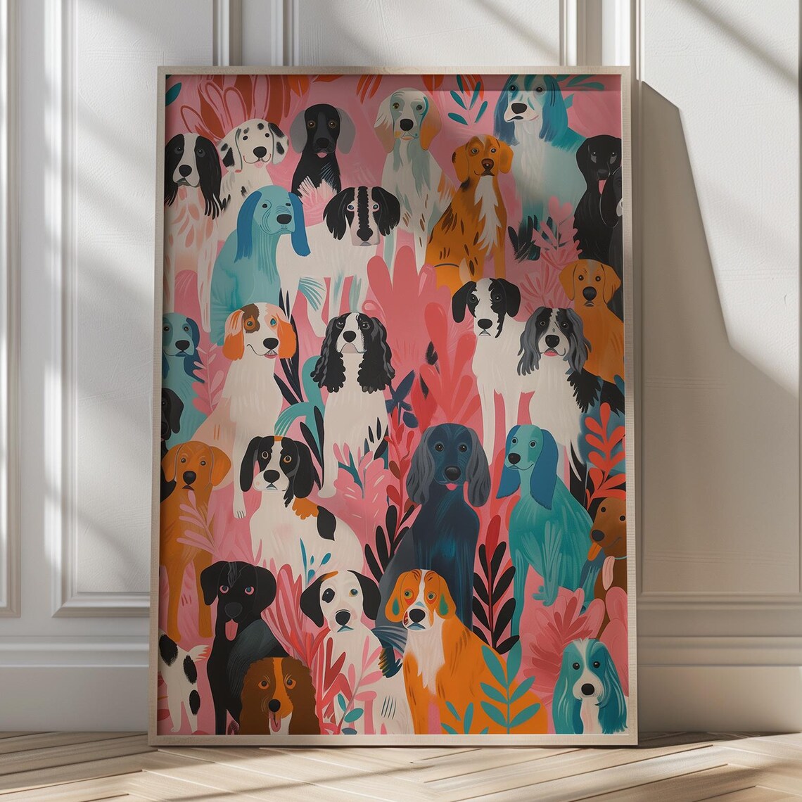 Colorful Playful Dog Crowd With Pink Tropical Background Poster