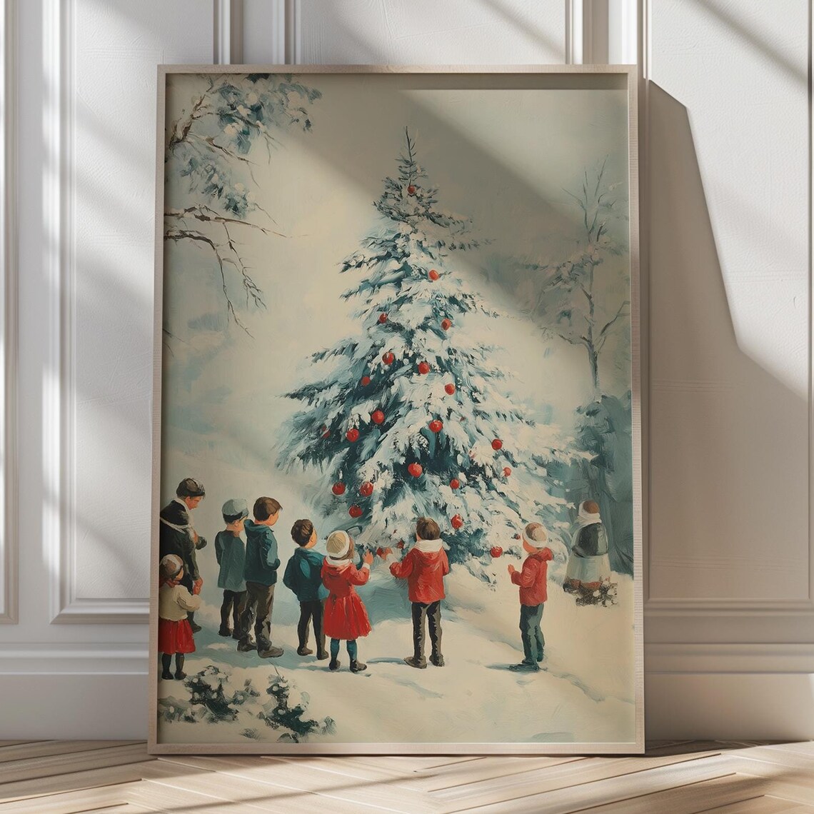 Vintage Style Kids Decorating A Tall Snowy Christmas Tree Poster