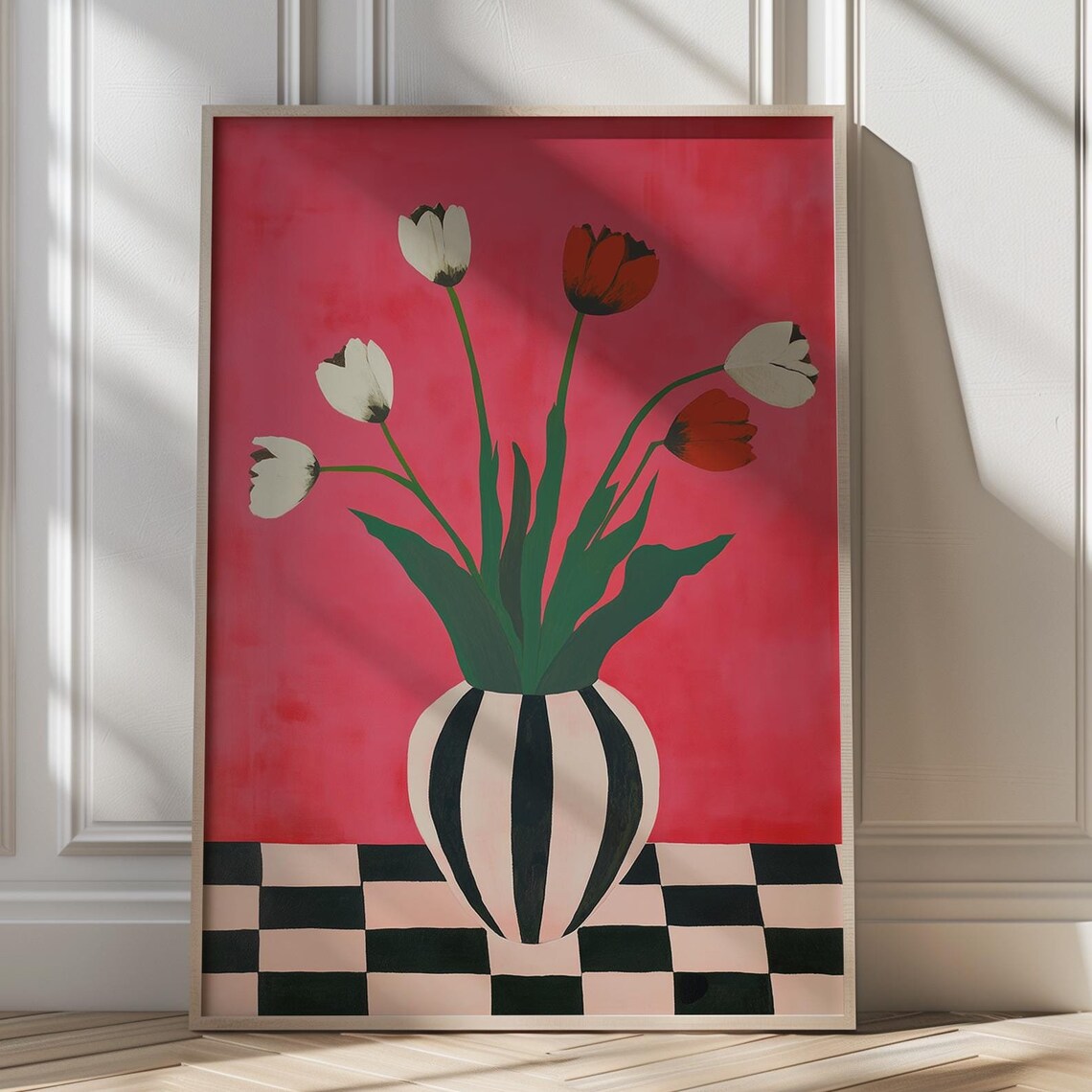 Red White Tulips In Striped Vase Hot Pink Floral Still Life Poster