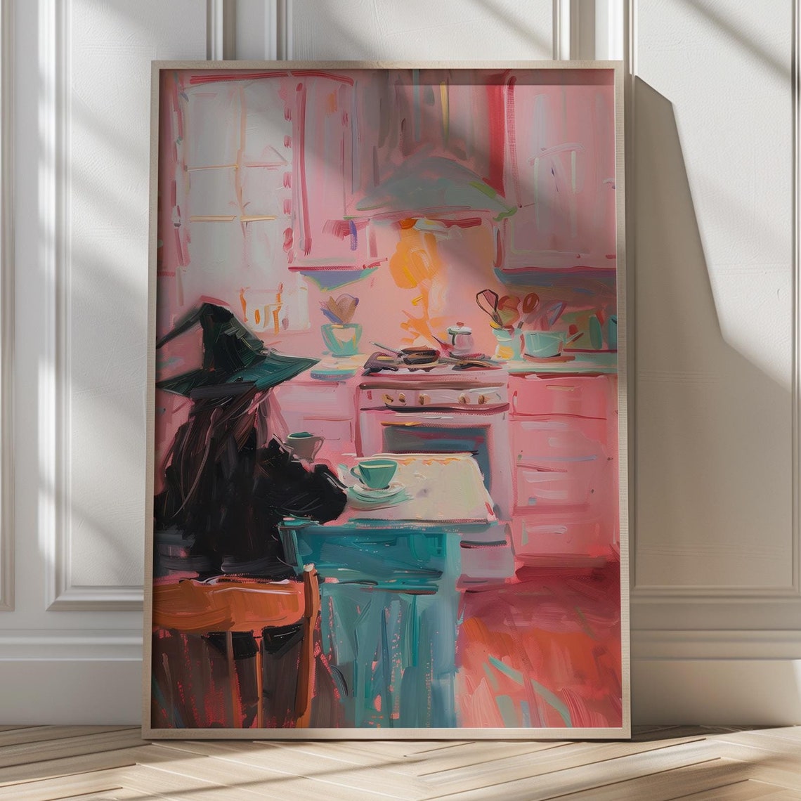 Witch Drinking Coffee in Pink Kitchen Art Poster Halloween Wall Decor