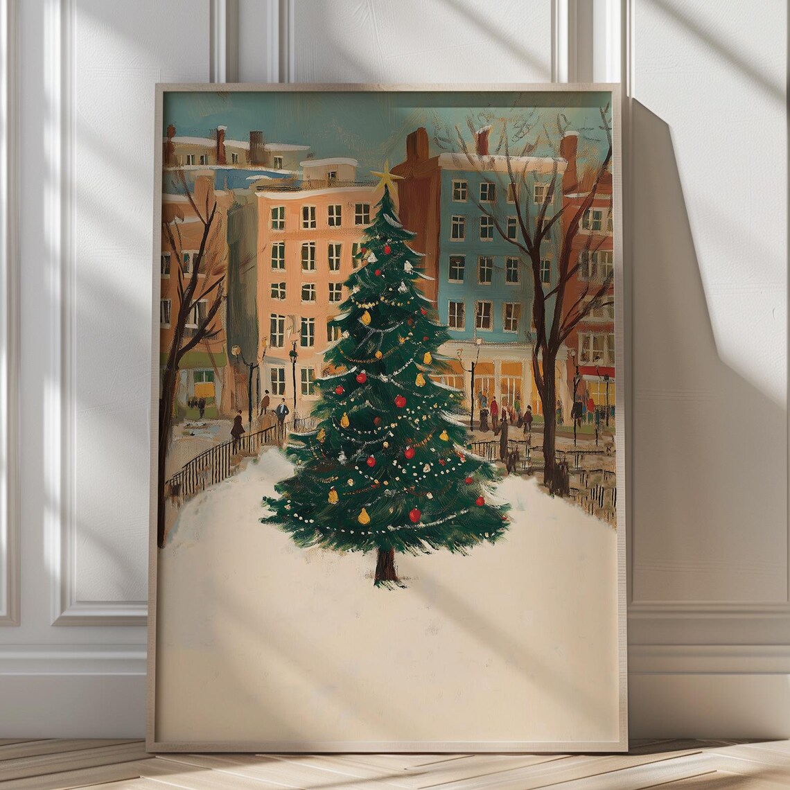 Christmas Tree In Snowy Town Square With Brick Buildings Poster