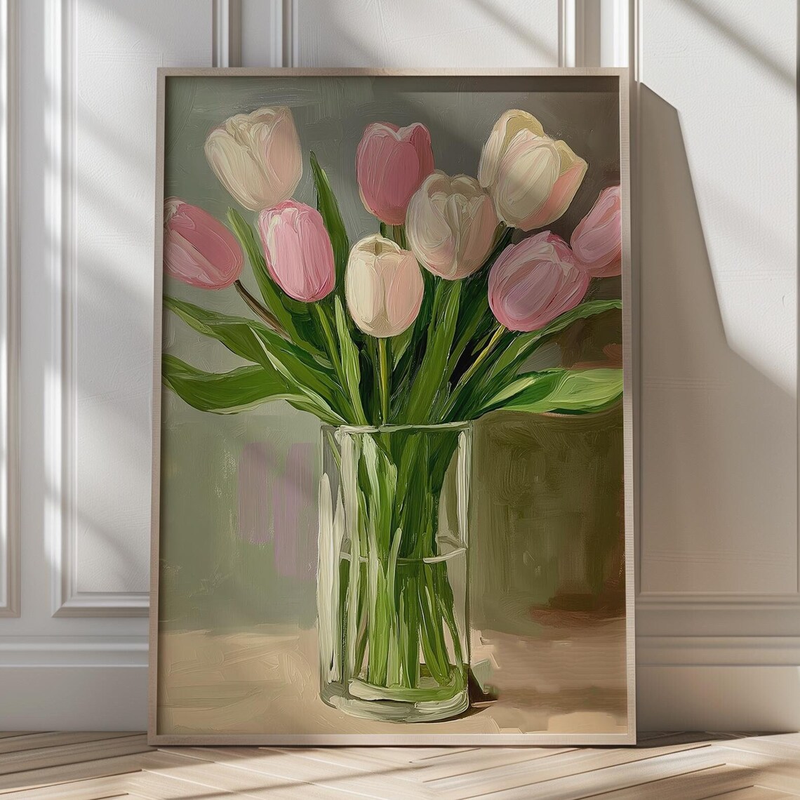 Pastel Pink and White Tulips in Glass Vase Spring Art Poster
