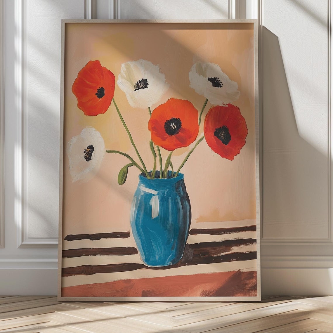 Red and White Poppies in Blue Vase Modern Botanical Art Poster