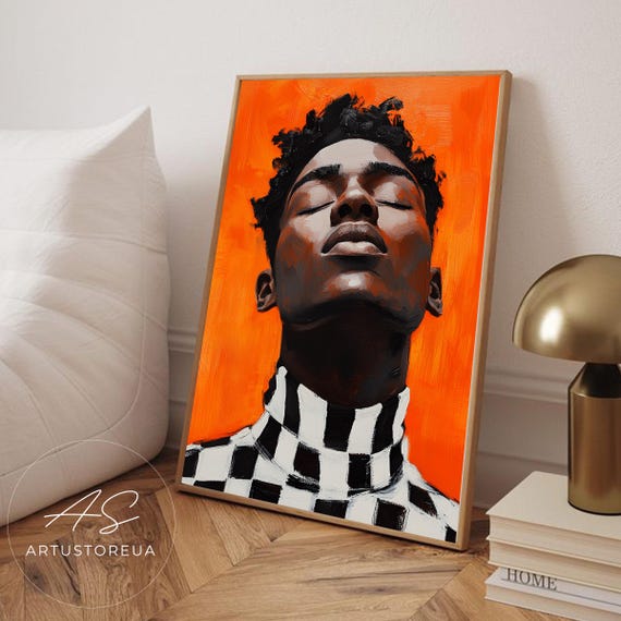 Black Man Portrait Painting Orange Wall Art Checkered Abstract Expressionist