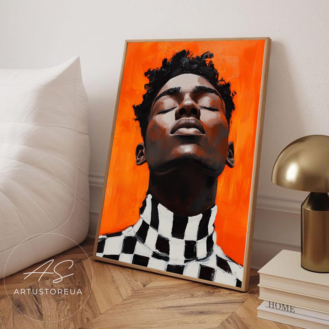 Black Man Portrait Painting Orange Wall Art Checkered Abstract Expressionist