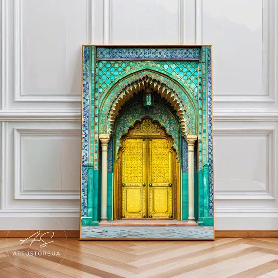 Morocco Print Green And Gold Moroccan Doorway Poster Exotic Architecture Wall Art Vibrant Mosaic Pattern Middle Eastern Inspired Decor