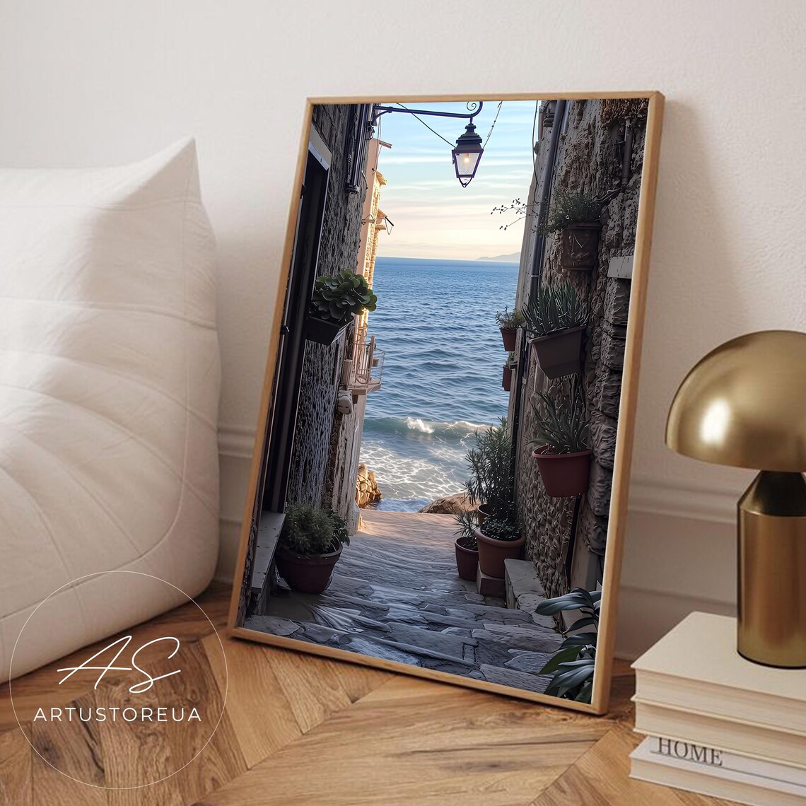 Coastal Alley With Sea View, Mediterranean Village Art Print