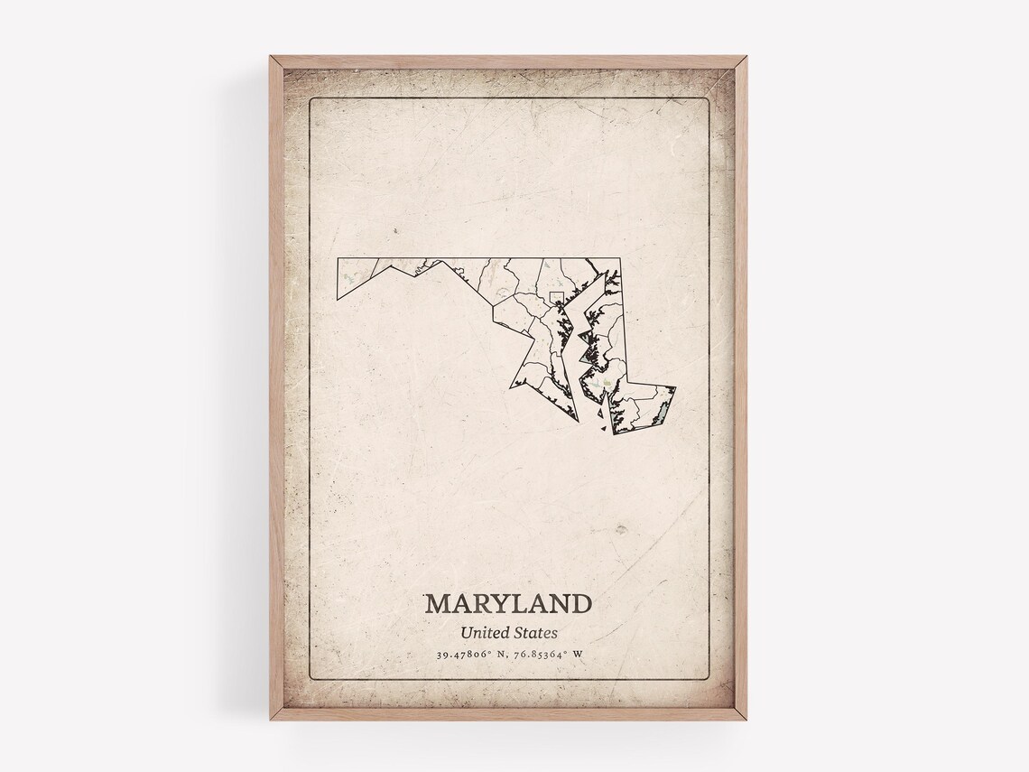 Vintage Maryland State Outline Map United States Rustic Distressed Wall Art