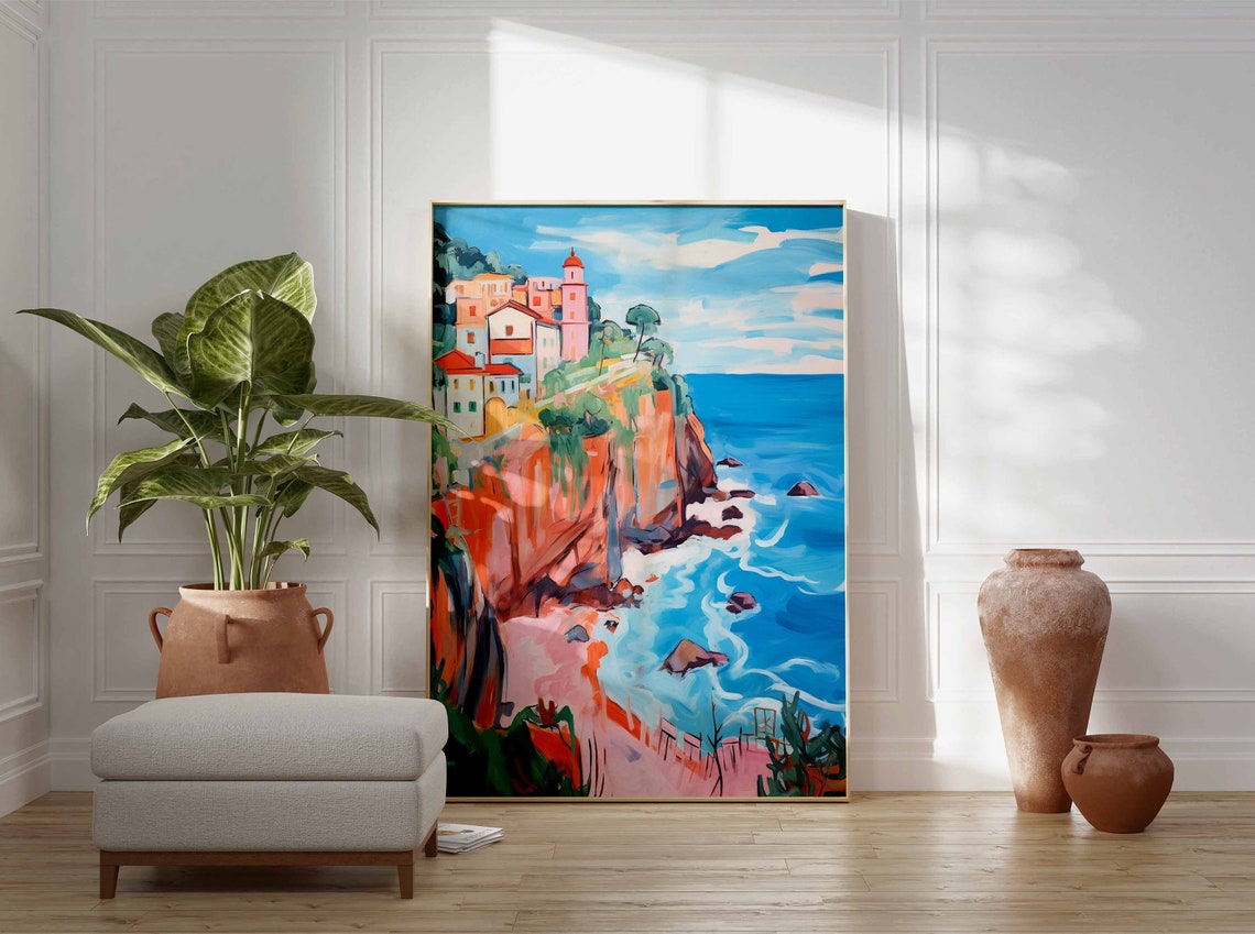 Pink Clifftop Village with Red Roofs Above the Blue Sea Poster - Image 3