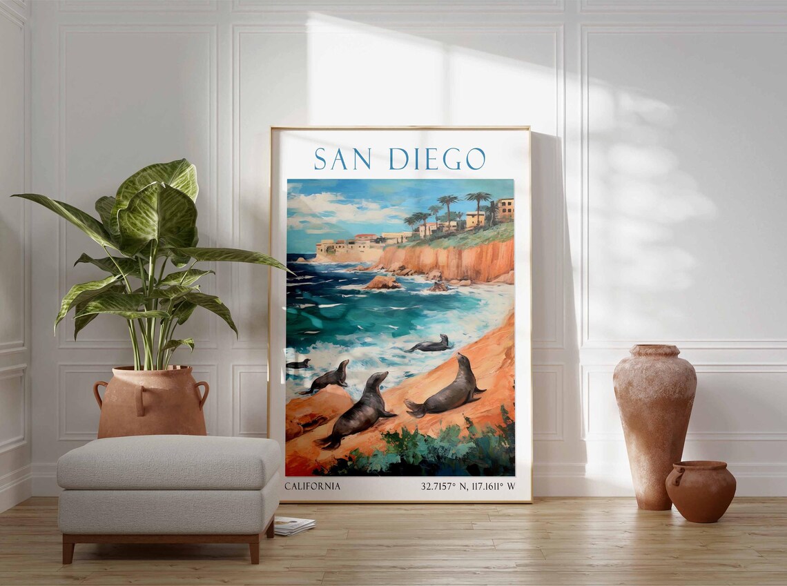 San Diego California Sea Lions Cliff Cove Ocean Wildlife Poster - Image 2