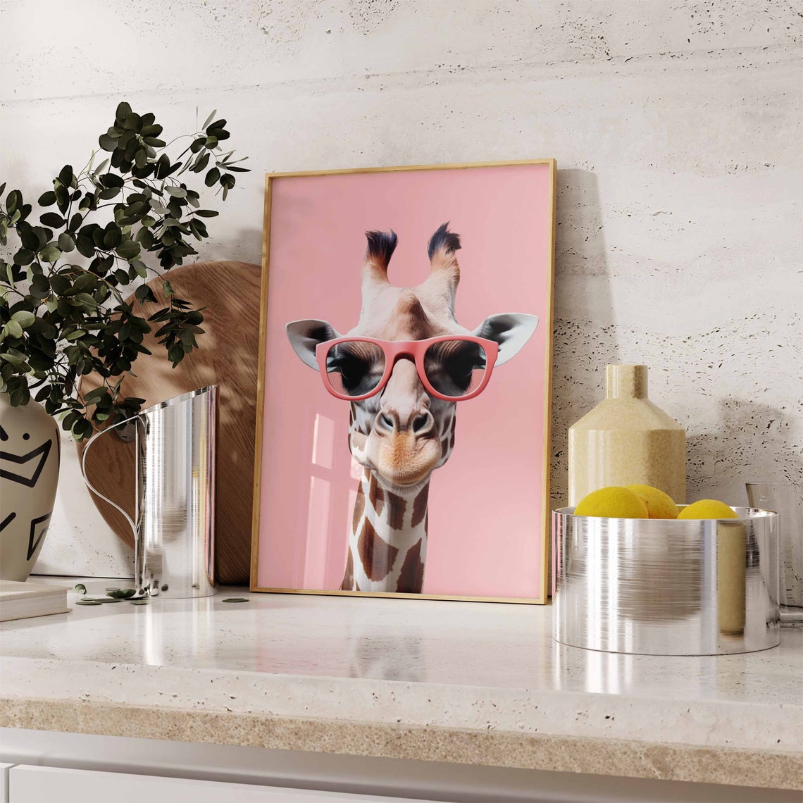Happy Giraffe Wearing Coral Sunglasses on Pink Backdrop Poster - Image 2