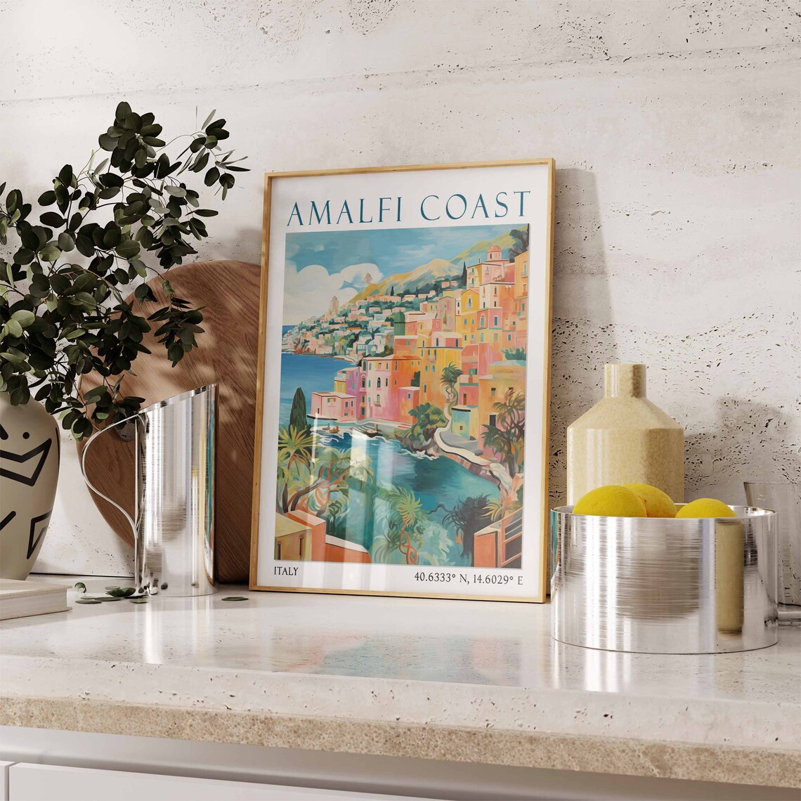 Amalfi Coast Italy Vintage Travel Poster with Pastel Cliffside Village - Image 3