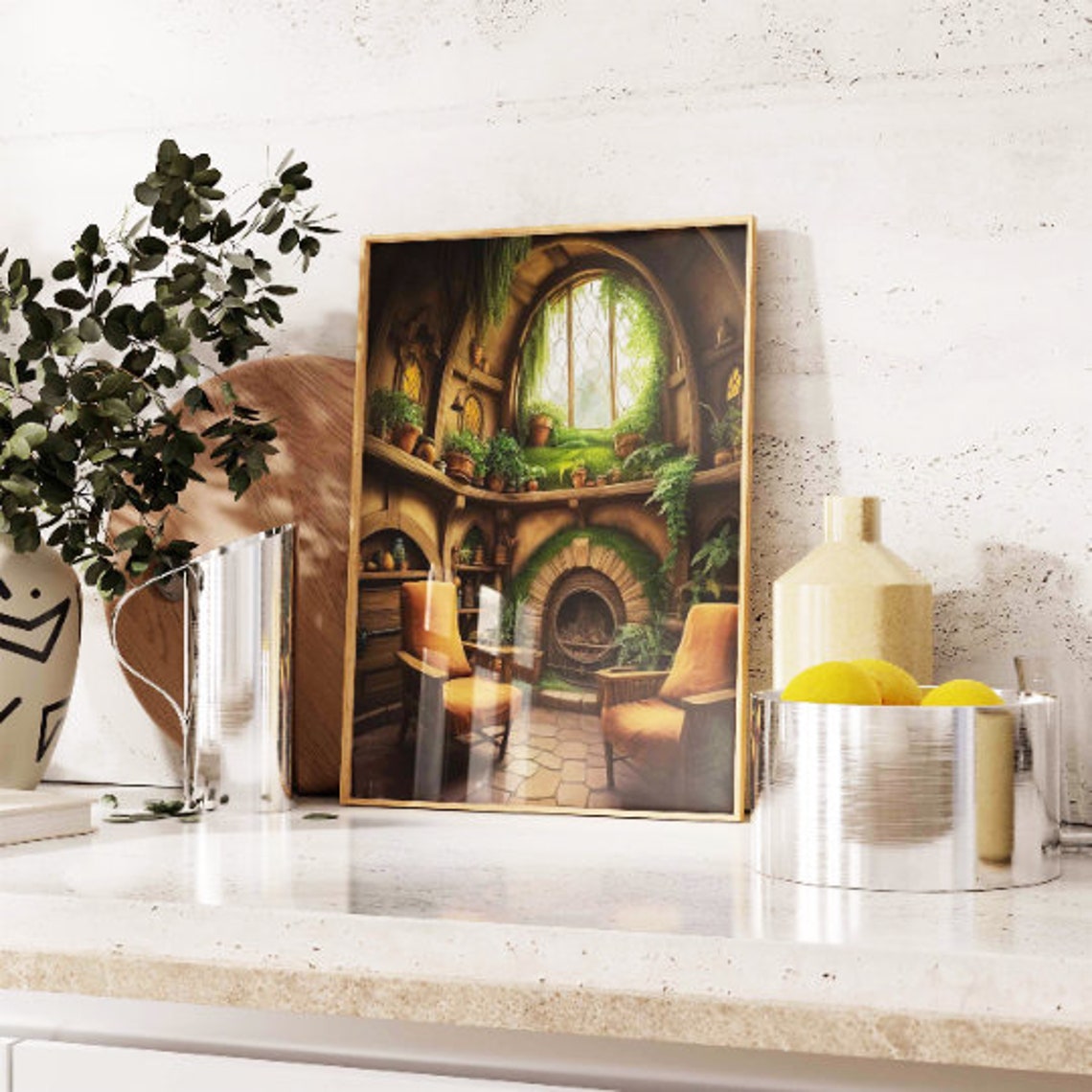 Cozy Hobbit Hole Interior Art Poster With Round Window View Art - Image 3