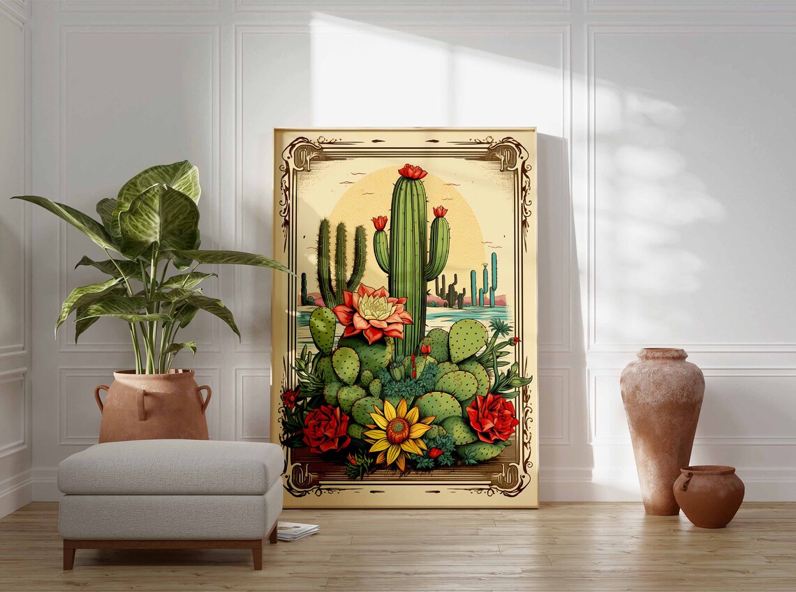 Vintage Desert Cactus Garden Saguaro Red Blossoms Retro Poster - Image 3