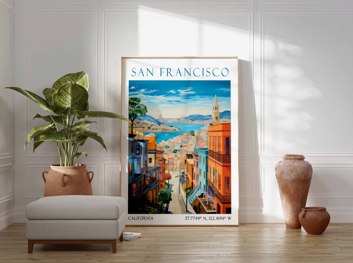 San Francisco Steep Street Bay Church Tower Watercolor Travel Poster - Image 2