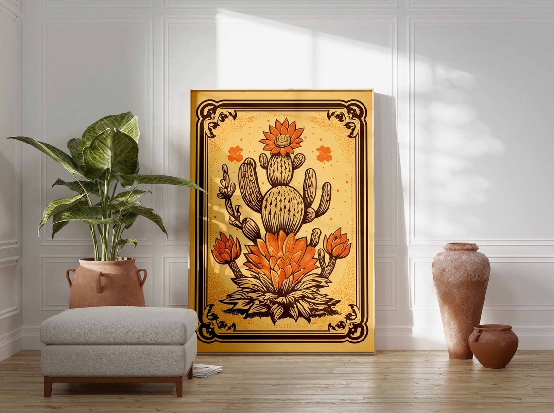 Brown Rustic Prickly Pear Cactus Linocut Ornate Border Poster - Image 3