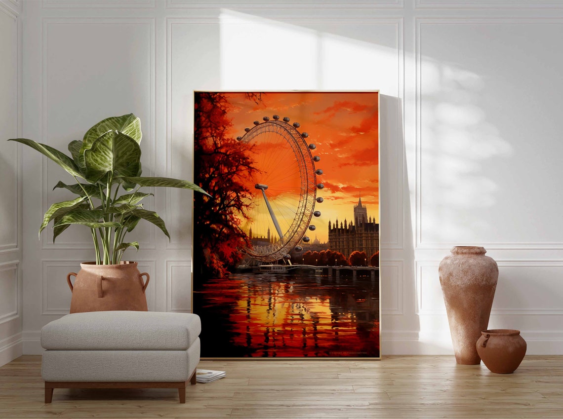 London Travel Poster Vintage Wall Art London Eye Print London Sunset Poster London Poster Vintage London Print England Art - Image 3