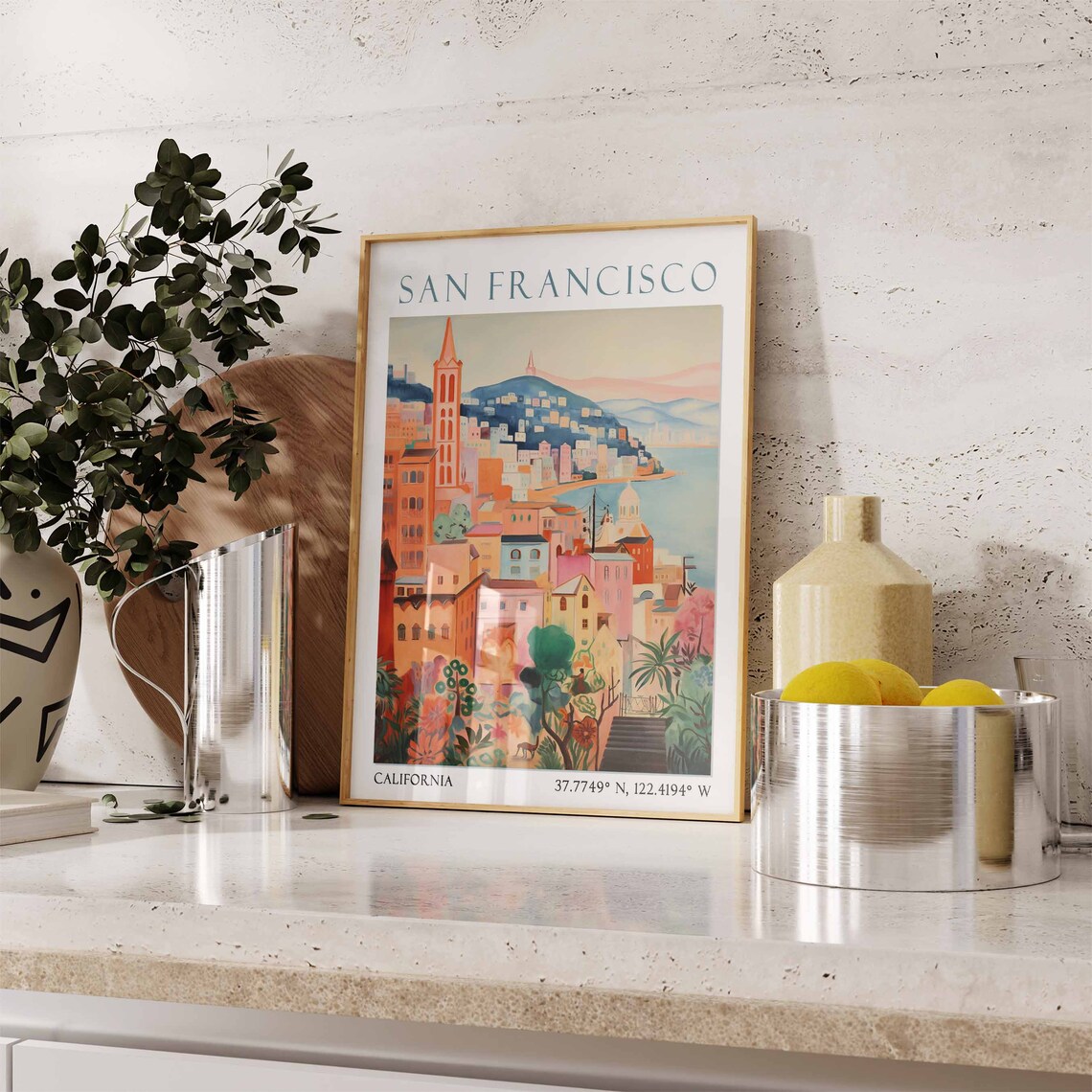 San Francisco Orange Hillside Bay Sunset Watercolor Travel Poster - Image 3