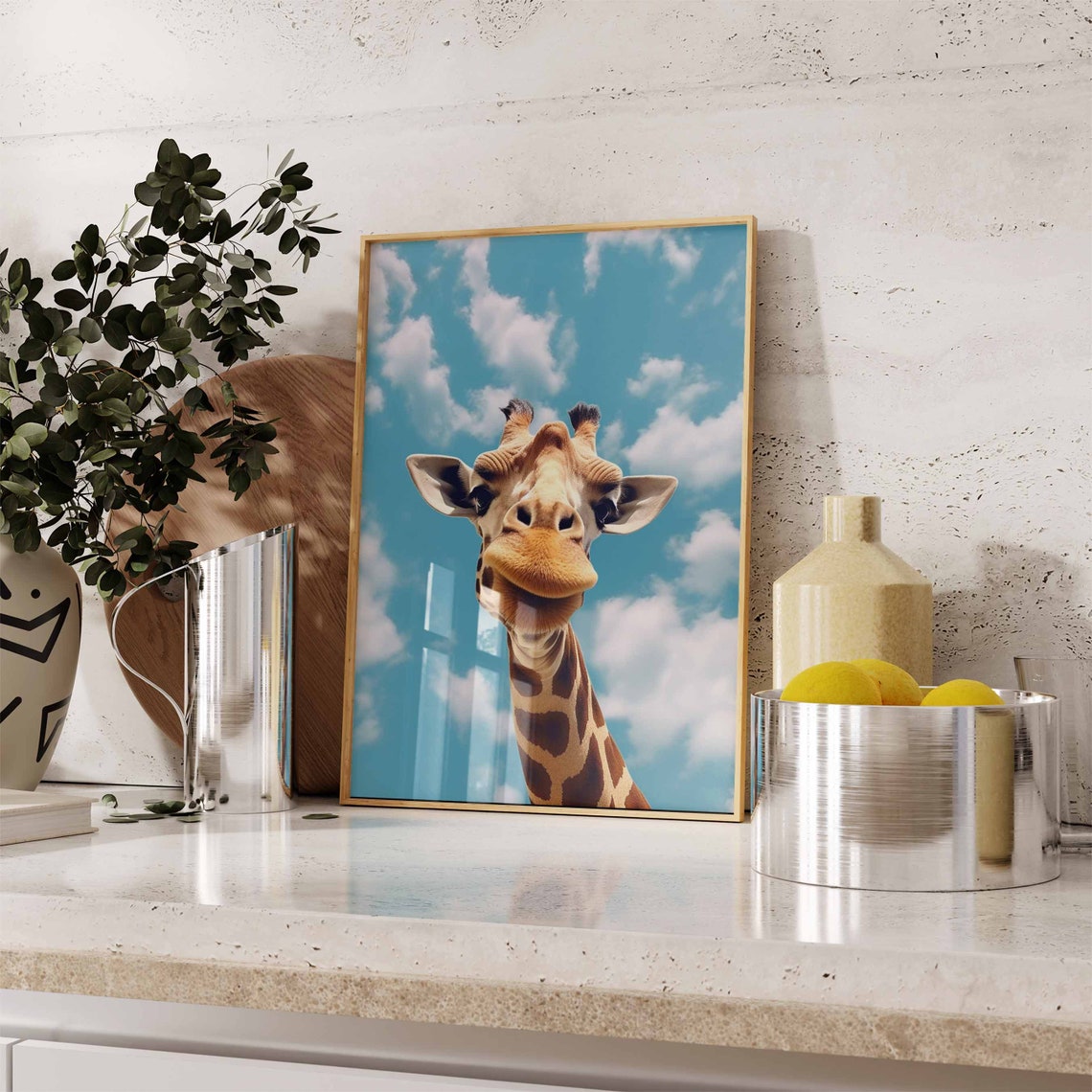 Giraffe Head Against a Bright Blue Sky with White Clouds Poster - Image 2