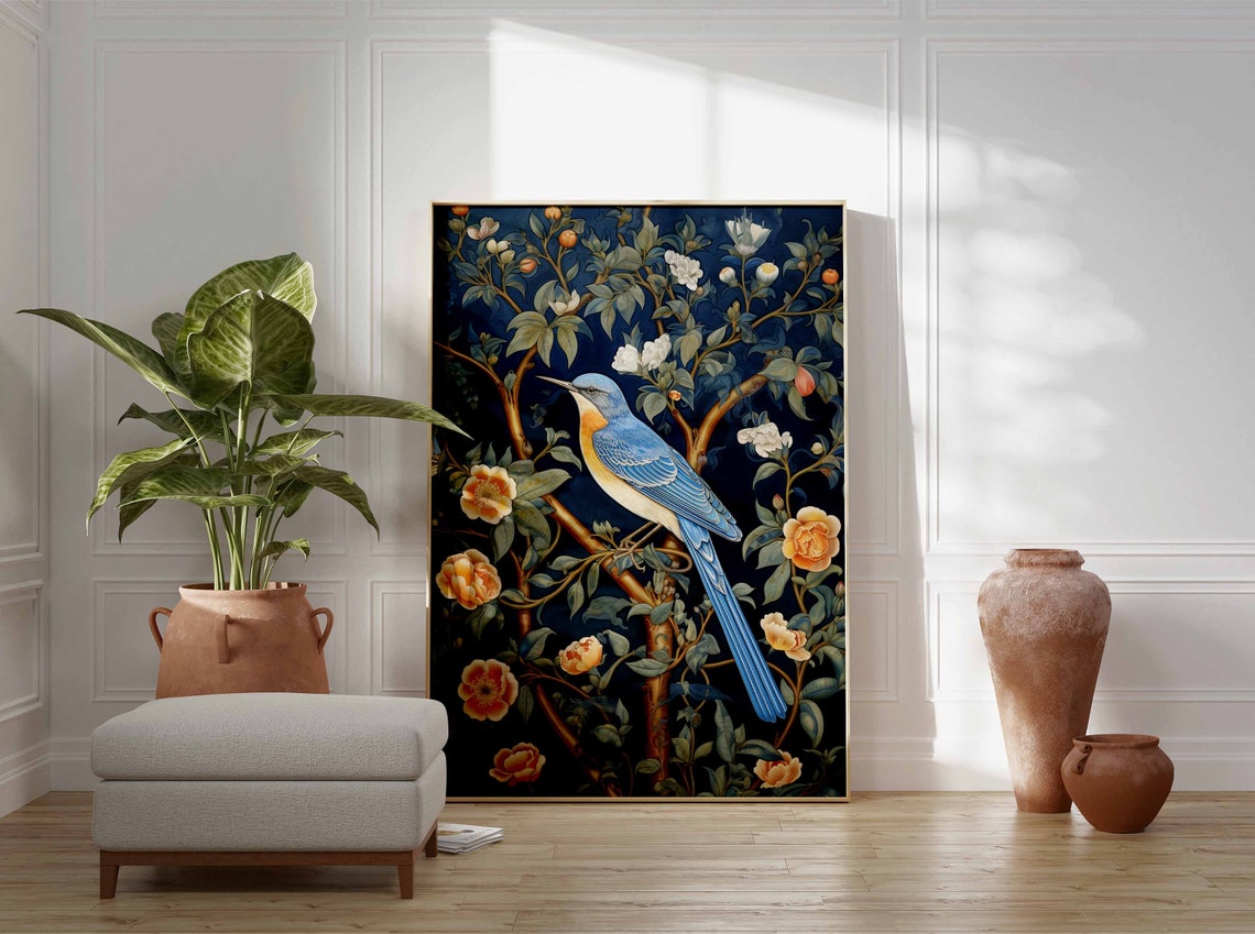 Bluebird Perched On A Blossoming Branch In A Night Garden Poster - Image 3