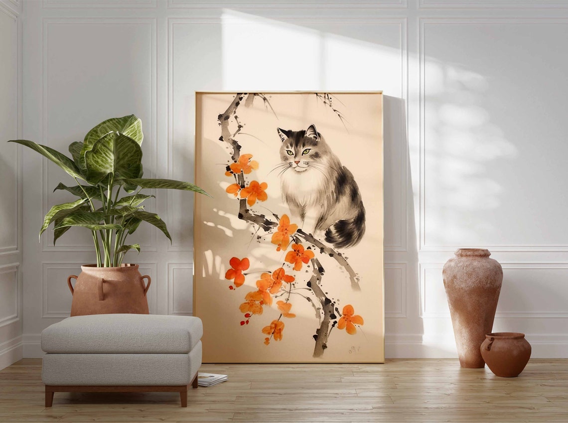 Japanese Ink Wash Longhair Cat On Orange Blossom Branch Poster - Image 3