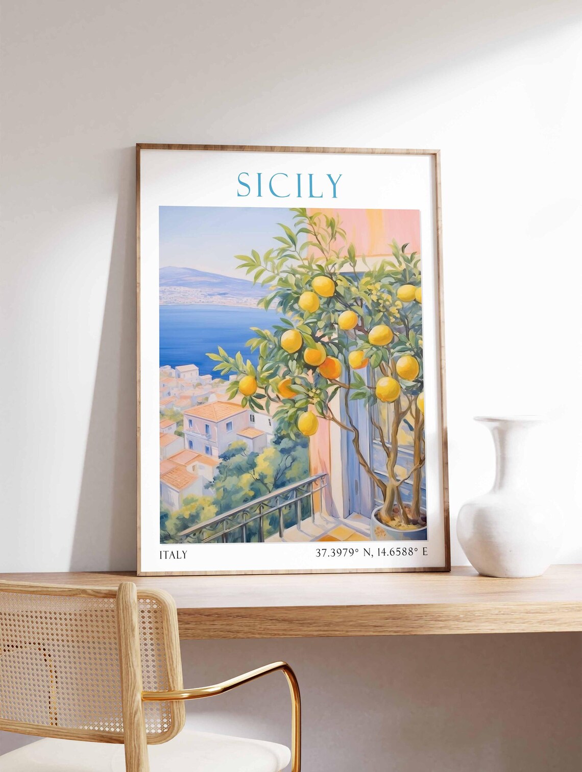 Sicily Citrus Lemon Tree Terrace Sea View Watercolor Travel Poster - Image 4