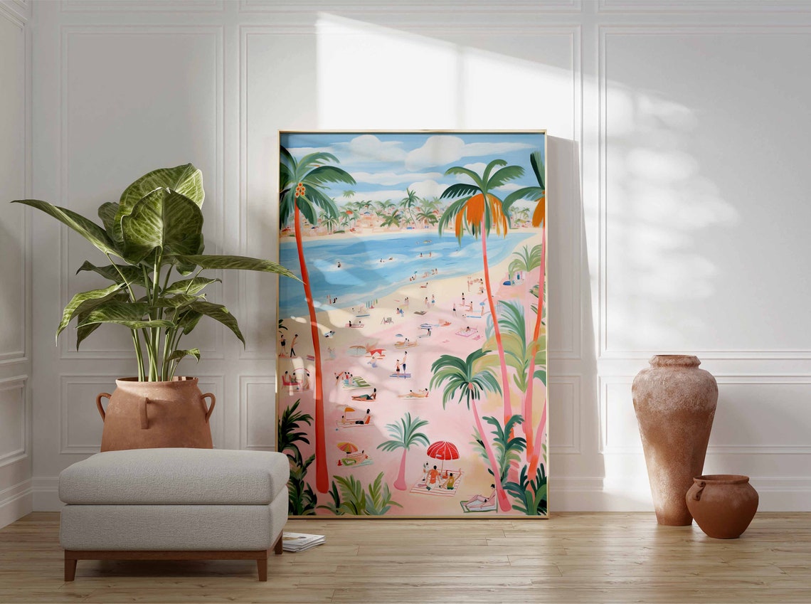 Pink Sandy Beach with Coral Colored Palm Trees and Bathers Poster - Image 3