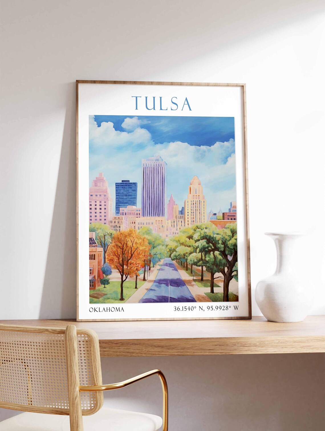 Tulsa Oklahoma Skyline Autumn Avenue Watercolor Travel Poster - Image 4
