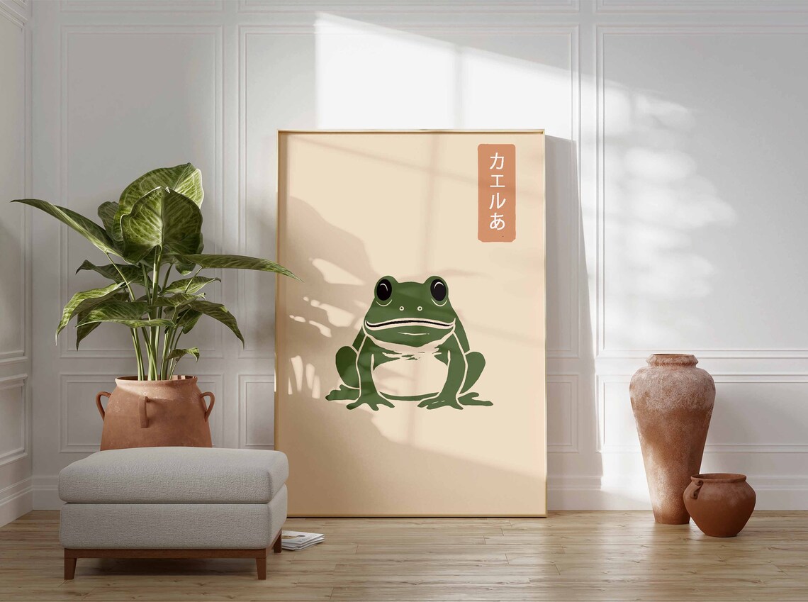 Japanese Frog Woodblock Green Frog Kaeru Katakana Stamp Poster - Image 2