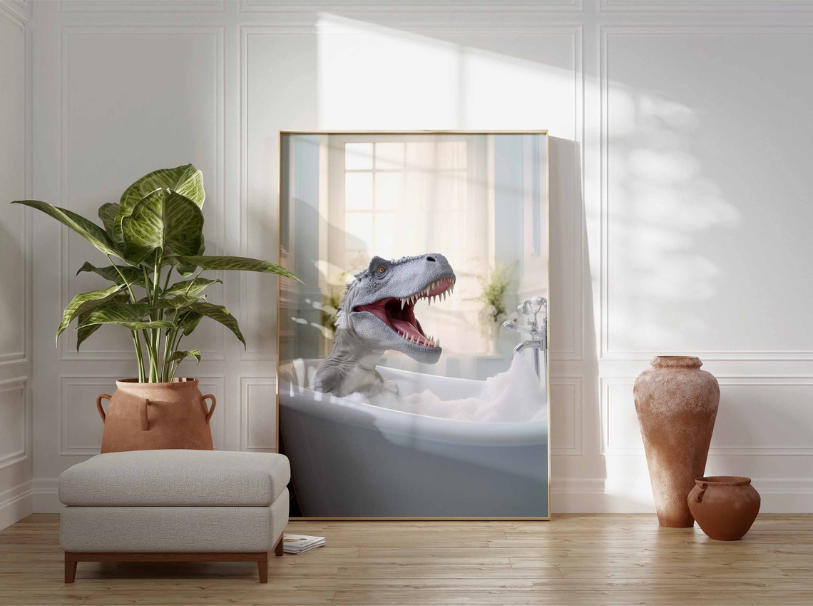 Playful Baby Dinosaur Roaring Loudly In A White Bubble Bath Poster - Image 3