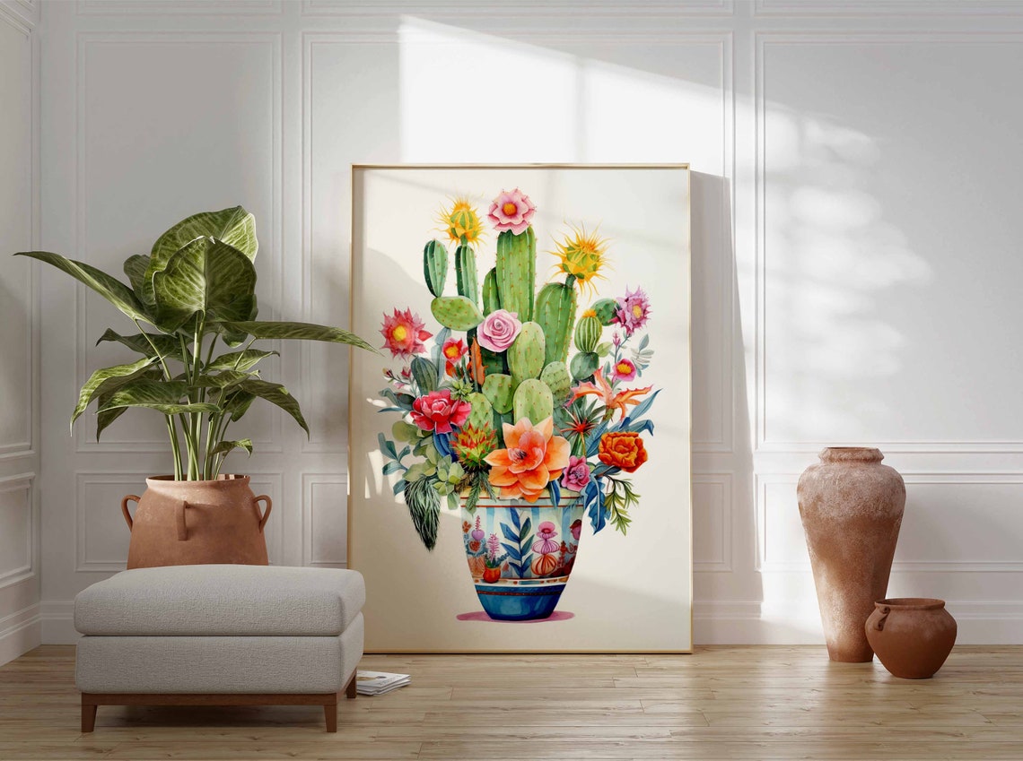Cactus Bouquet in a Blue Patterned Ceramic Vase Watercolor Poster - Image 3