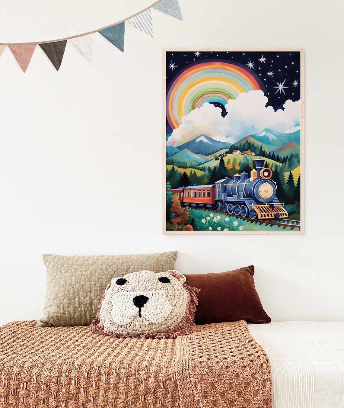 Blue Steam Locomotive Rainbow Starry Night Daisy Meadow Poster - Image 2