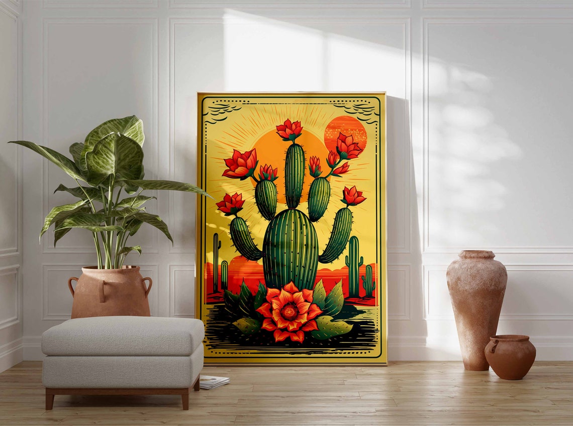 Retro Pop Art Columnar Desert Blooming Cactus Orange Sunset Poster - Image 3