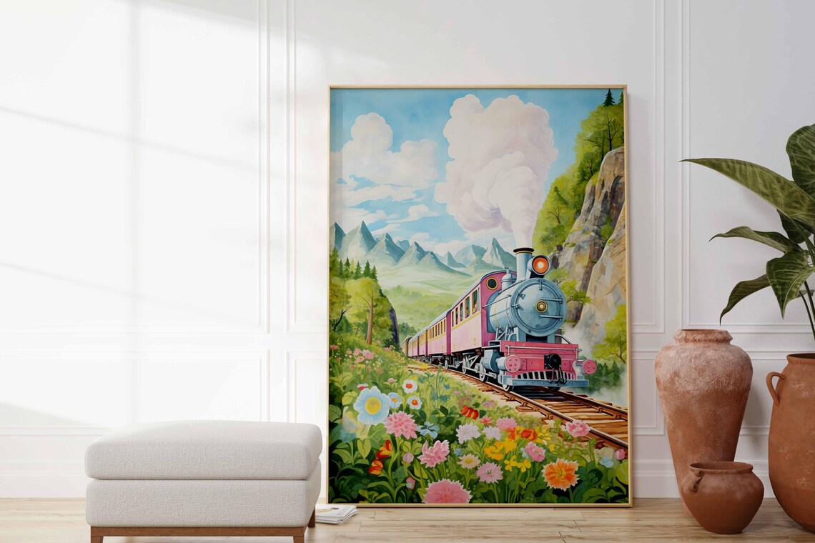 Pink Steam Train Mountain Meadow Wildflower Field Daytime Poster - Image 2