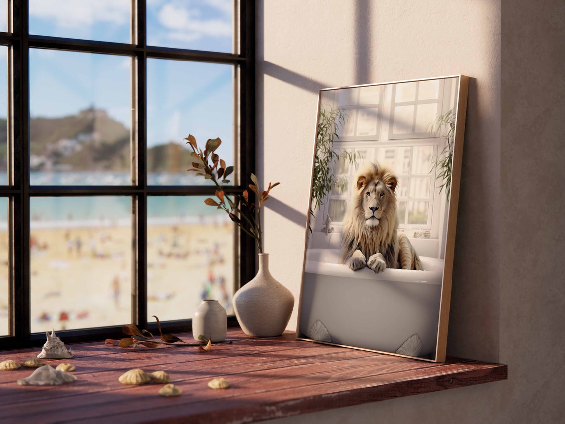 Majestic Male Lion With Lush Full Mane In A White Bathtub Poster - Image 2