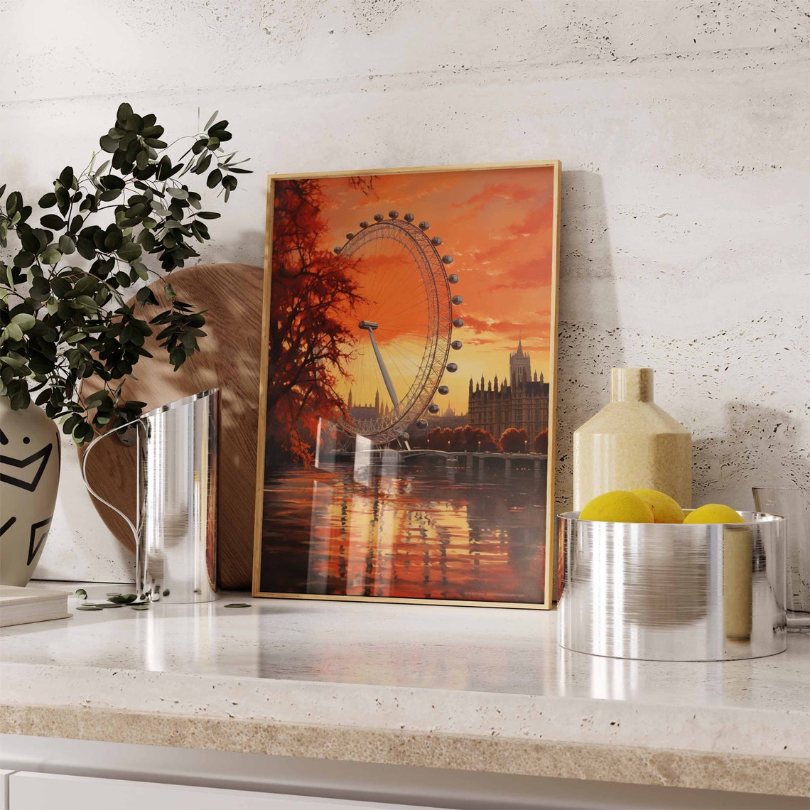London Eye at Fiery Sunset Watercolor Poster over the Thames - Image 2
