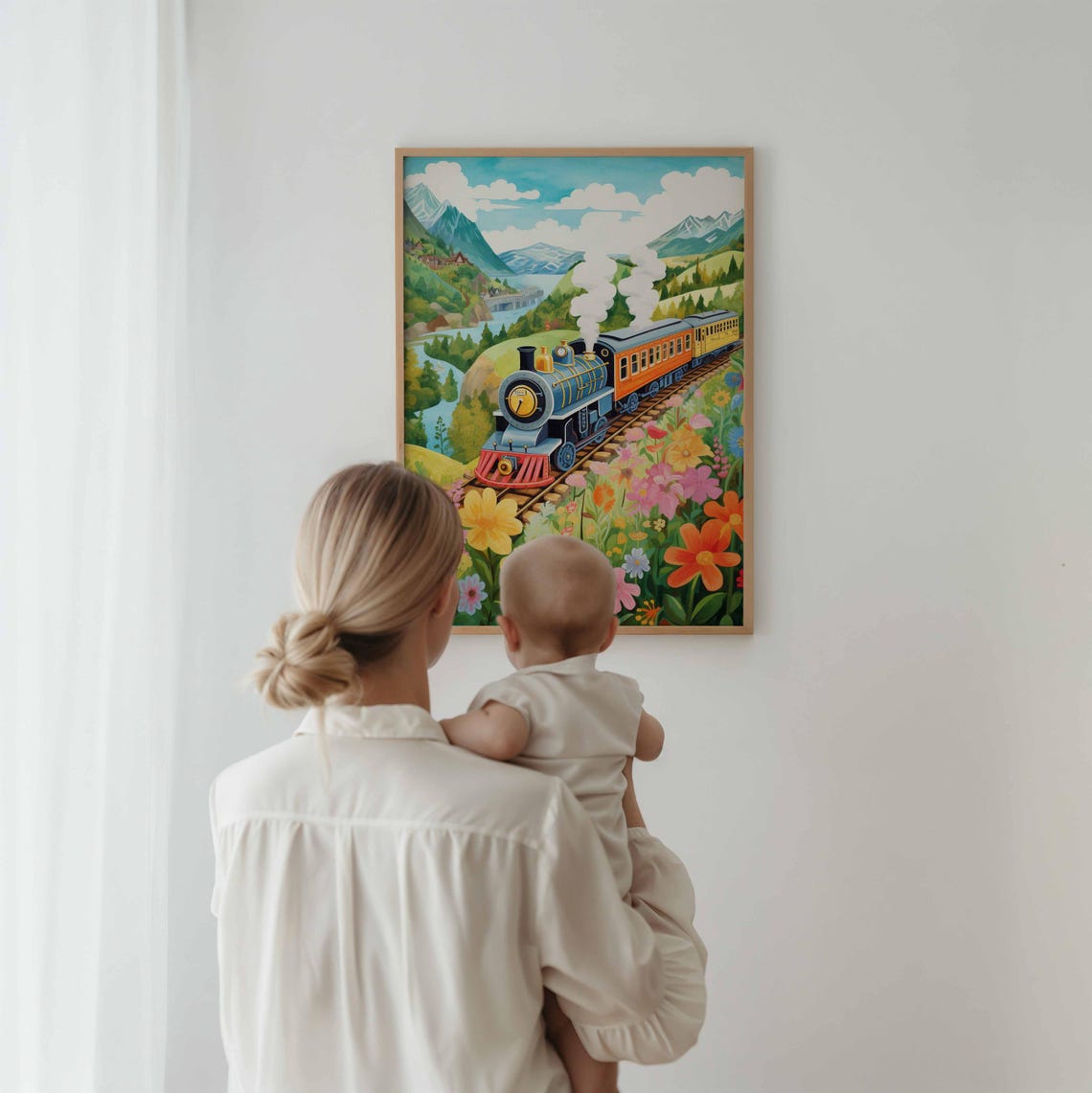 Blue Orange Steam Train Colorful Flower Meadow Valley Poster - Image 3