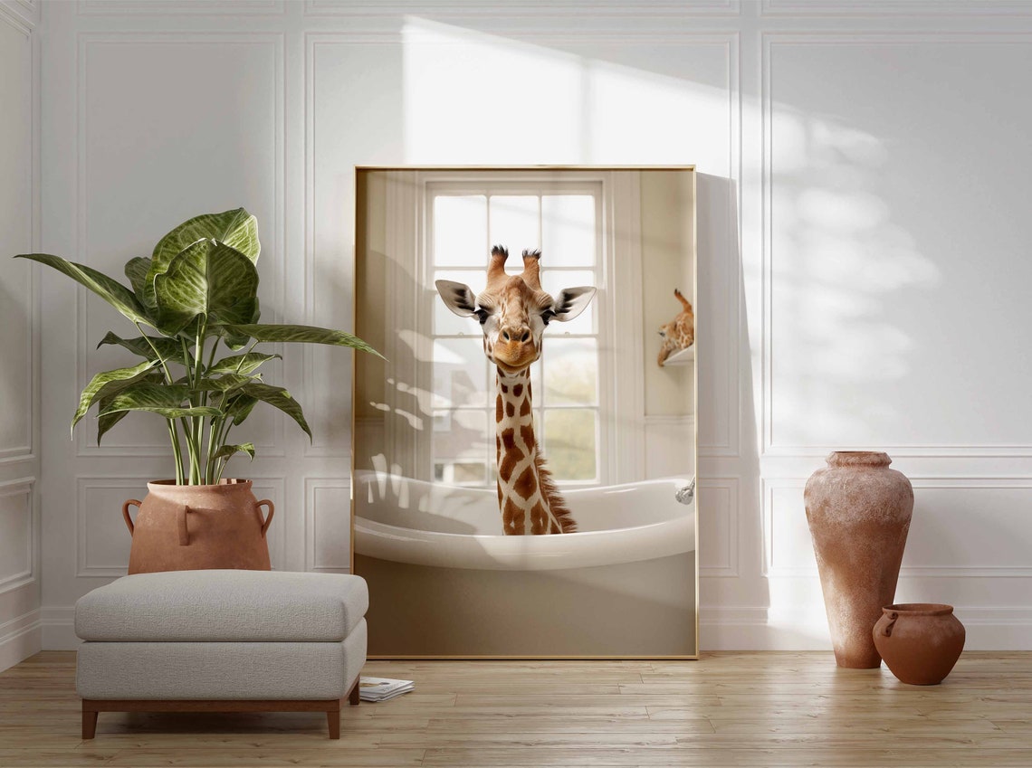 Giraffe Stretching Its Long Neck Over A White Bathtub Poster - Image 3