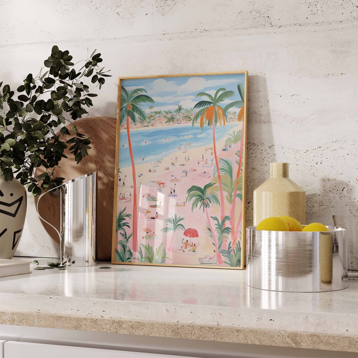 Pink Sandy Beach with Coral Colored Palm Trees and Bathers Poster - Image 2