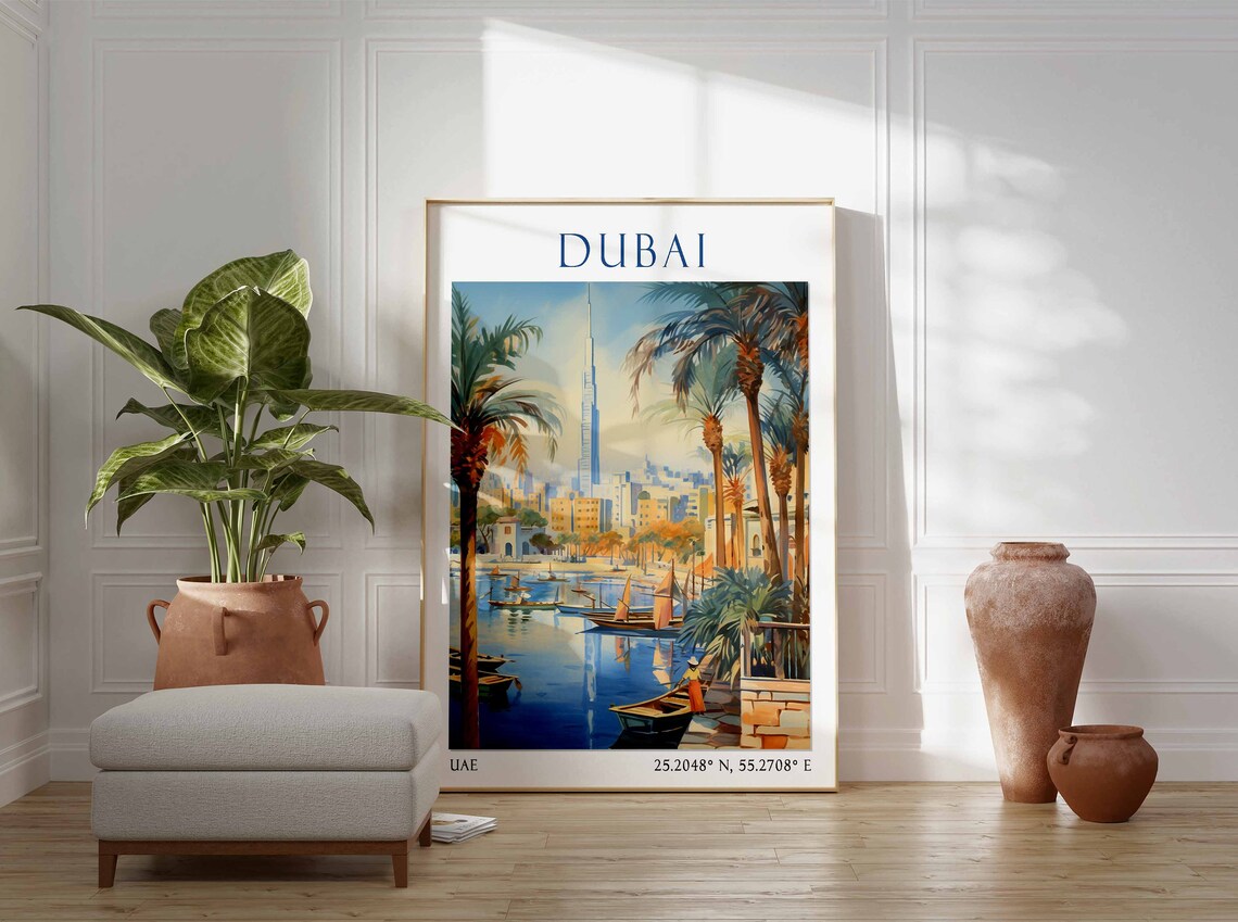 Dubai Harbor with Wooden Dhows and Burj Khalifa Skyline Poster Art - Image 2