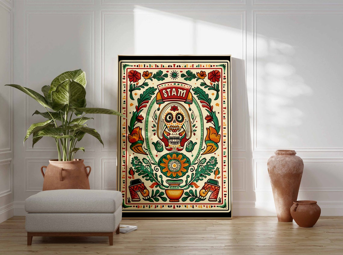Day of the Dead Skull STAM Banner Vintage Mexican Folk Wall Art - Image 3