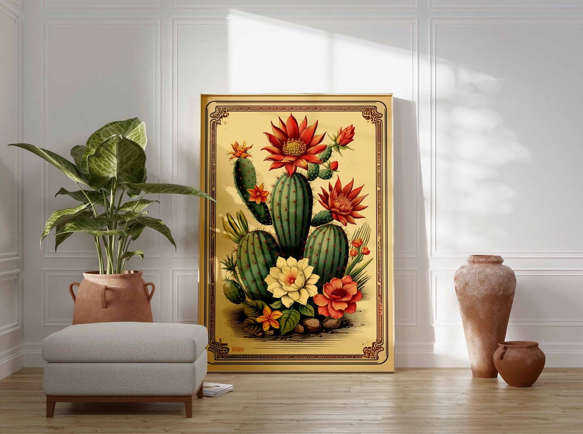 Vintage Cactus Botanical Engraving Red Blossoms Cream Background Print - Image 3