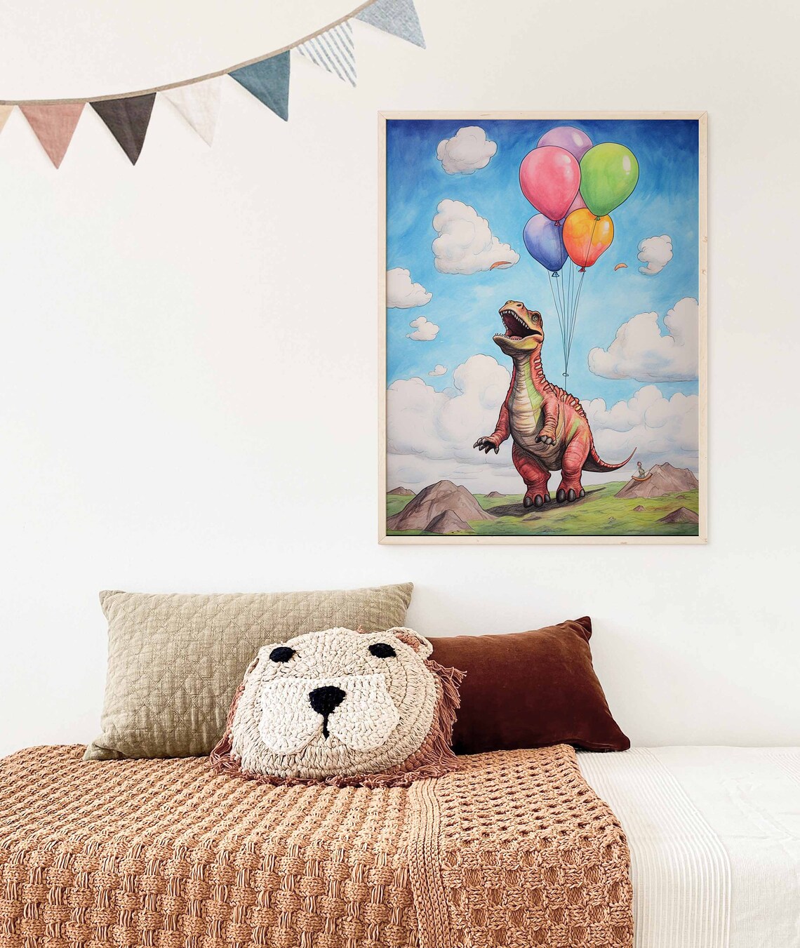 Watercolor T-Rex Looking Up at Balloons Poster for a Kids Room - Image 3
