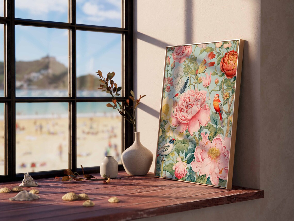 Pink Peony And Songbird Chinoiserie Style Garden Scene Poster - Image 2