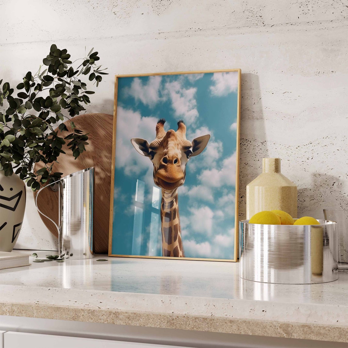 Giraffe Looking Down at the Camera Under a Cloudy Teal Sky Poster - Image 2