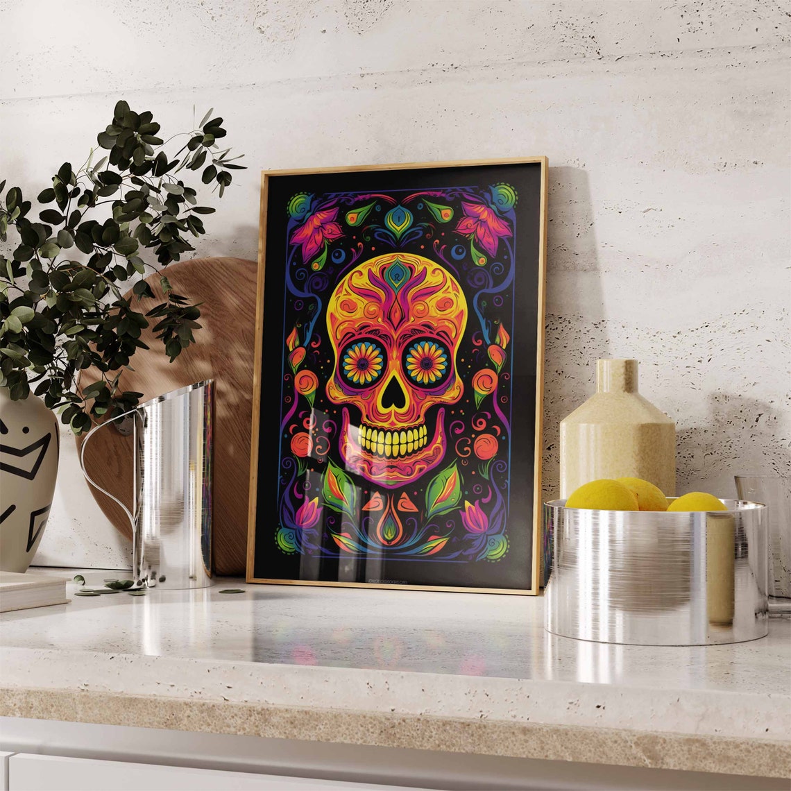 Fiery Orange and Red Sugar Skull Poster with Daisy Eyes Decor - Image 2
