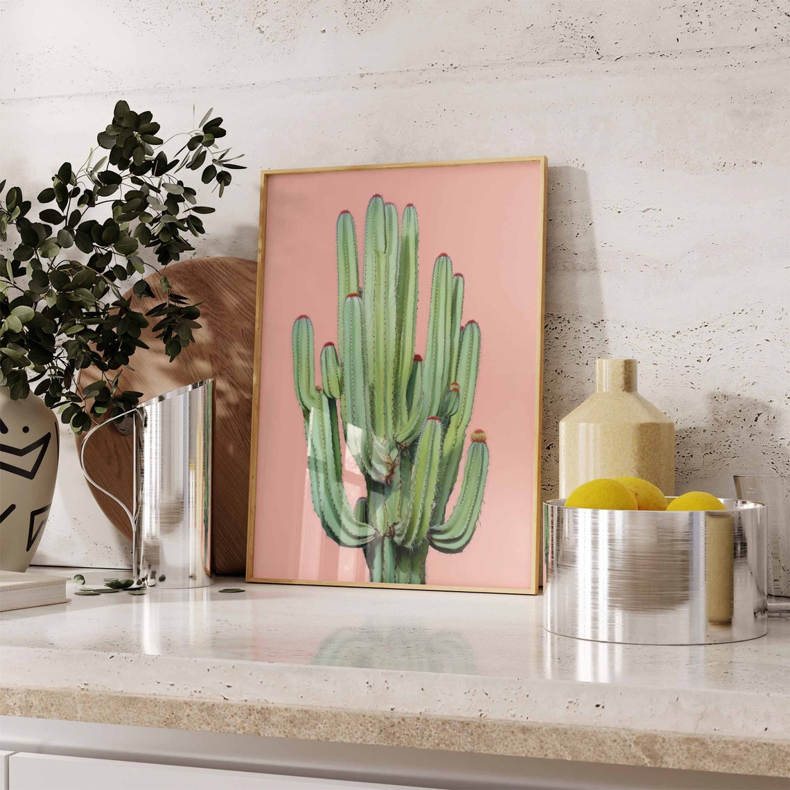 Fan-Shaped Cactus with Red-Tipped Buds on a Peach Backdrop Poster - Image 2