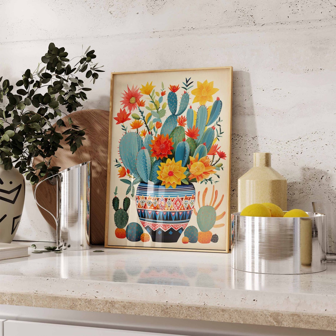 Blue Prickly Pear Cactus Geometric Pot Mexican Botanical Wall Art - Image 2