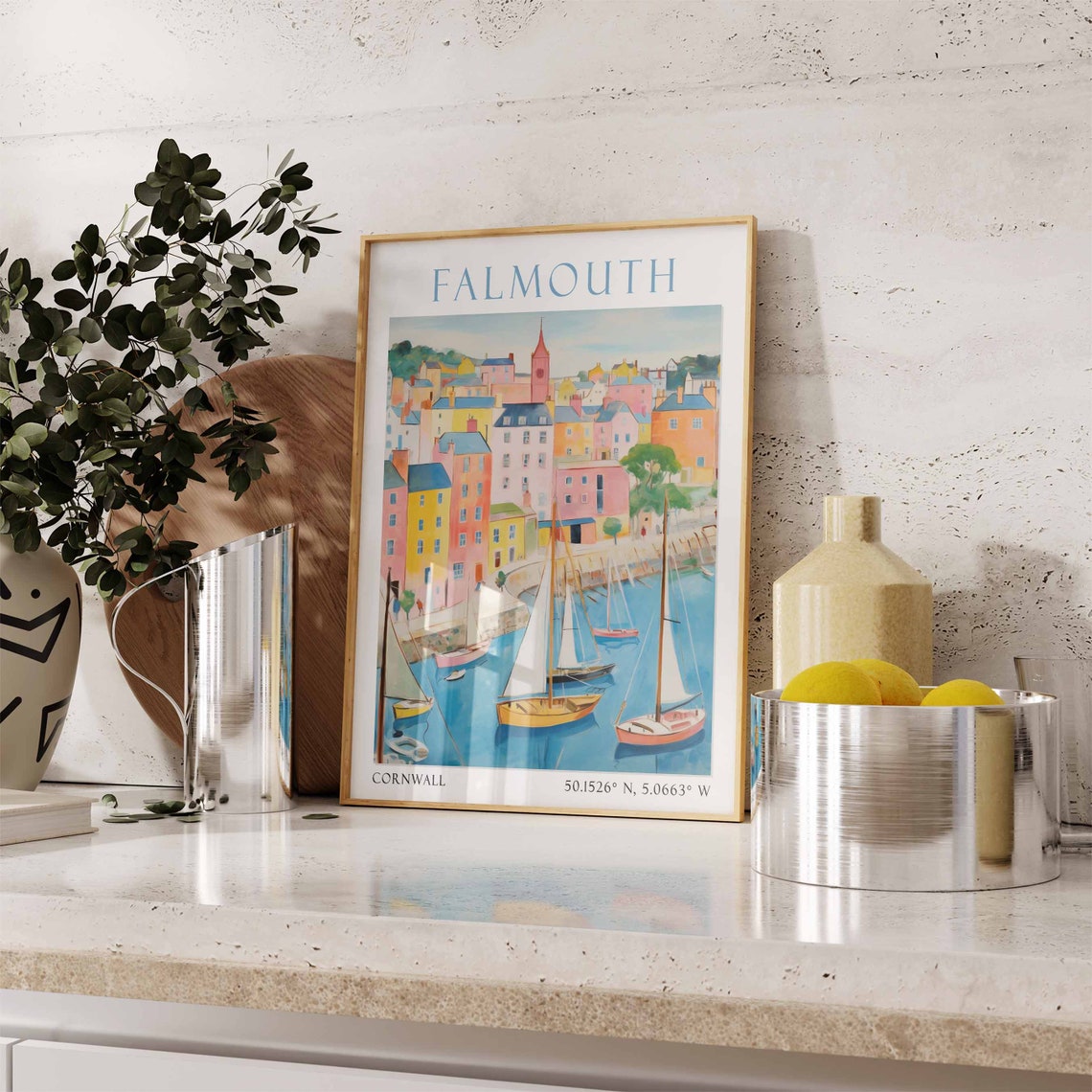Falmouth Colorful Harbor Sailboats Seaside Cornwall Travel Poster - Image 2