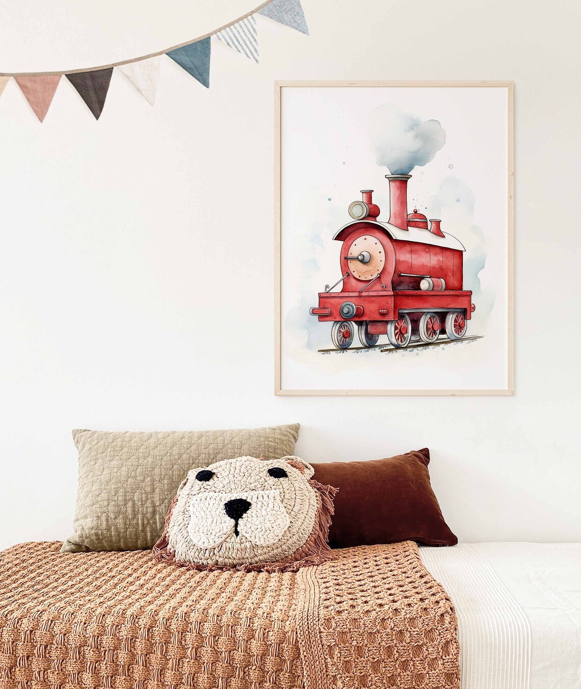 Small Red Toy Steam Locomotive Watercolor Poster for Kids Room - Image 3